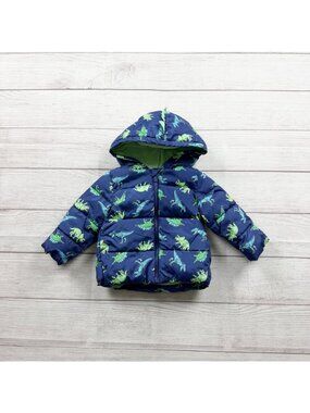 Old Navy Dinosaur Print Puffer Jacket Toddler Water Resistant Blue 6-12 Months
